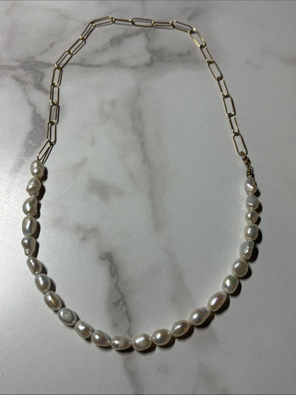 Gold tone Chain and White Genuine Baroque Freshwater Pearl Necklace.